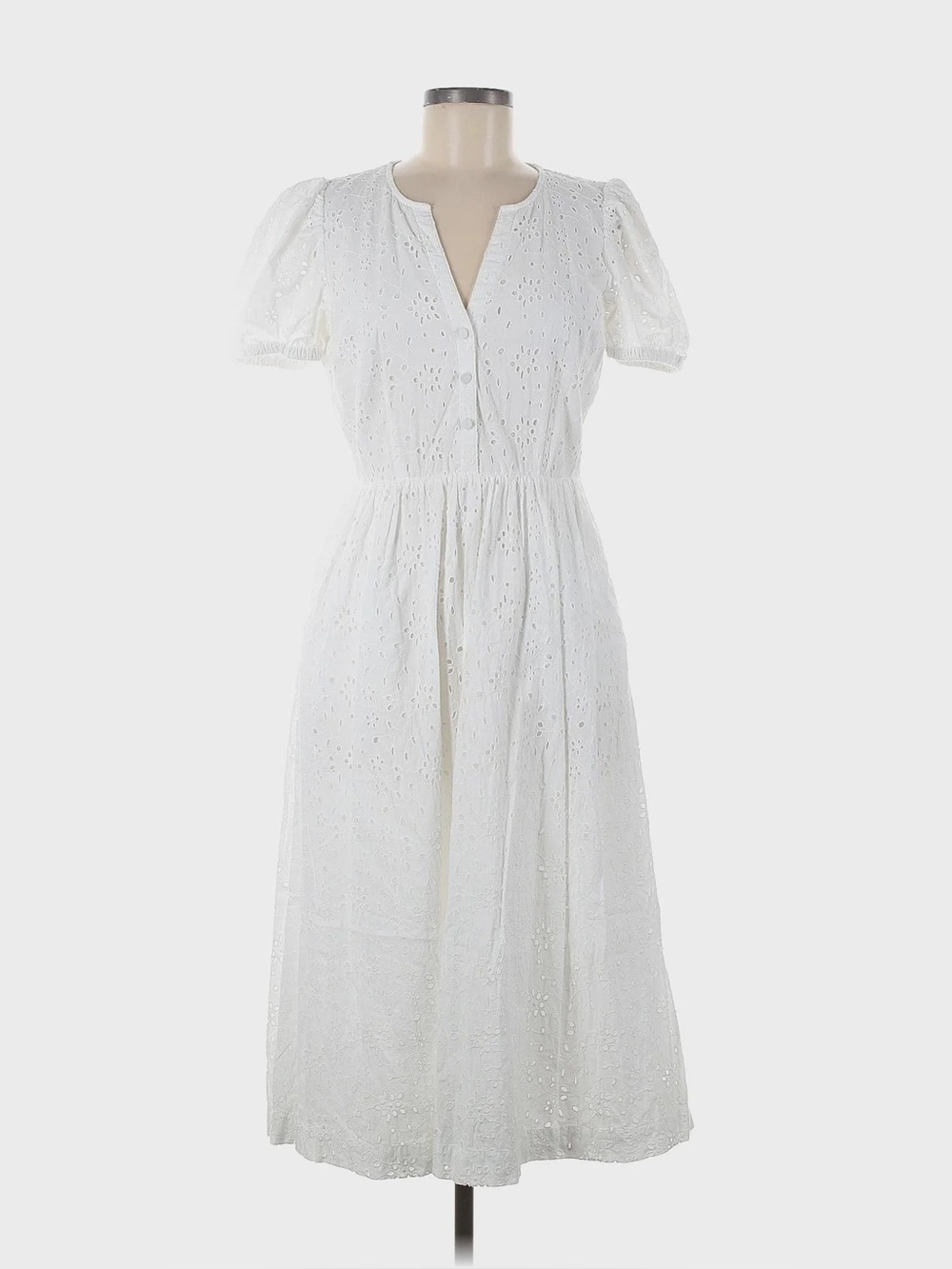EUC J. Crew White Eyelet Midi Dress with Puff Sleeves
